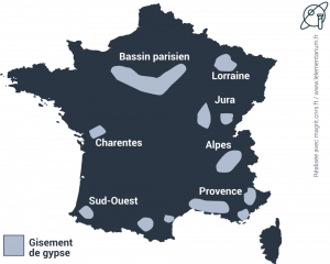 Carte de France, des principaux sites de gypse en France
